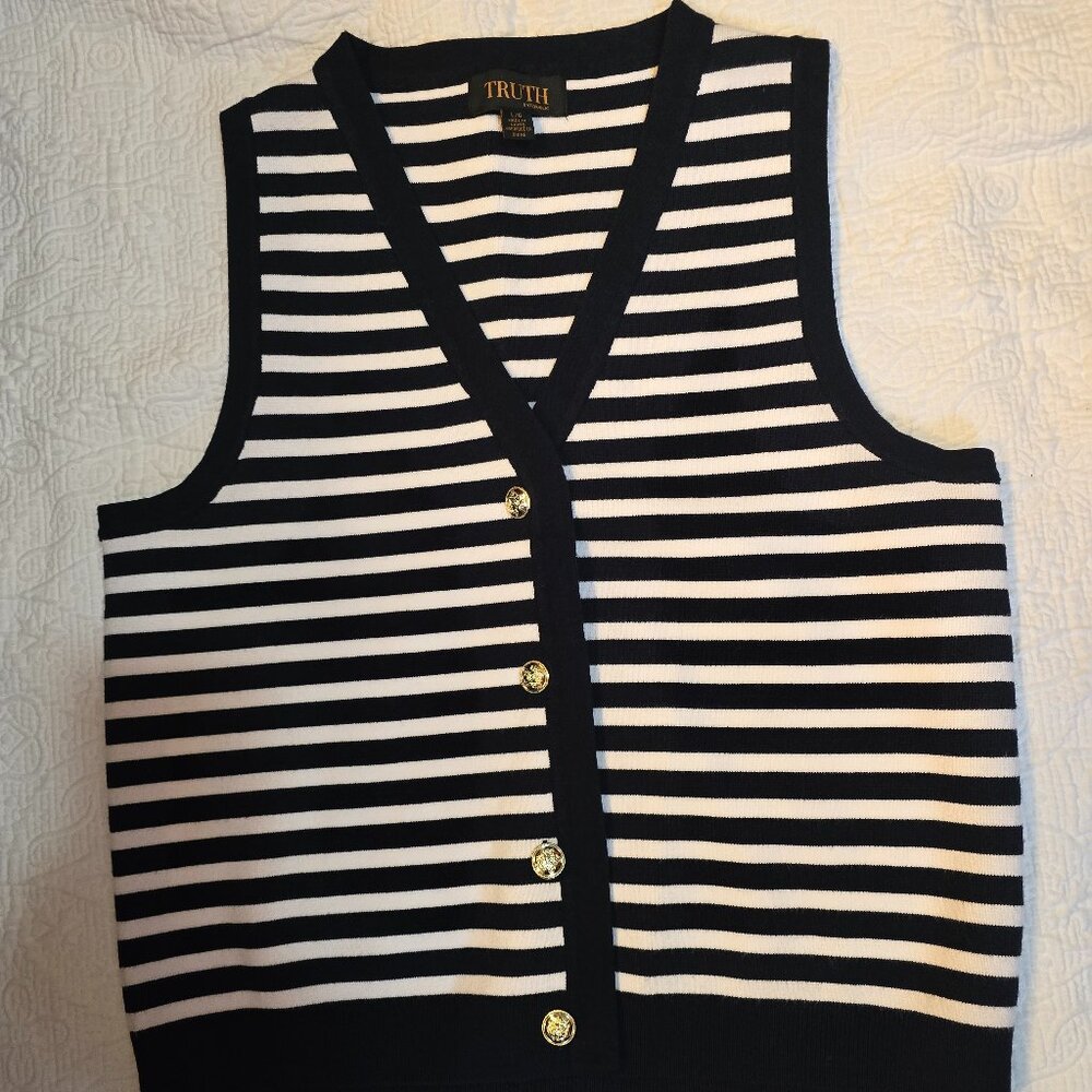 Nautical Navy & White Knit Vest Gold Button Detail NWT Large